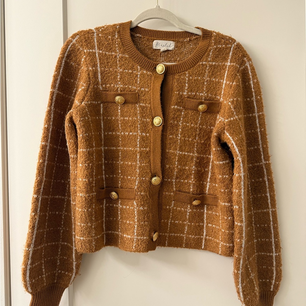 Marled Tan Cardigan with Gold Accents